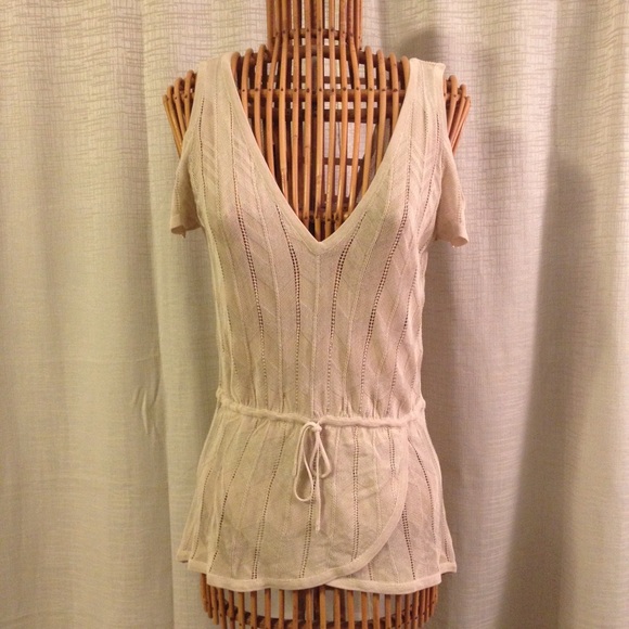 BEBE Wrap Hem Cold Shoulder Sweater Top in Sand - Picture 4 of 4